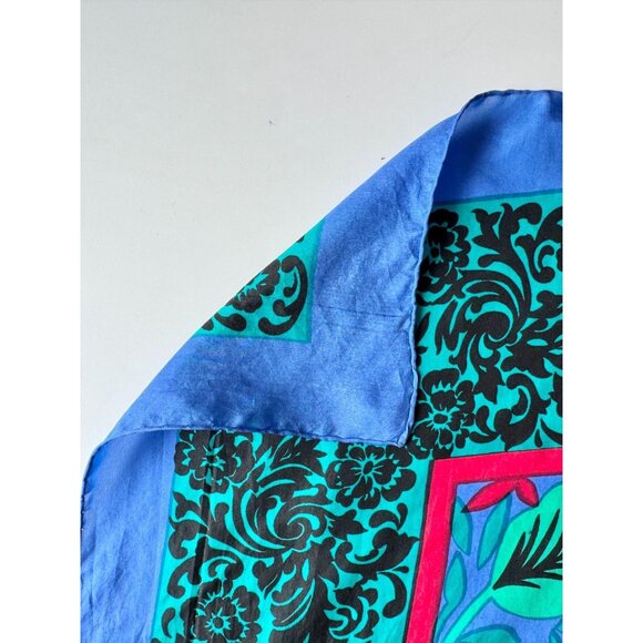 Vintage Unbranded Blue Green Tropical Floral Silk Habotai 31" x 31" Square Scarf - Picture 8 of 14